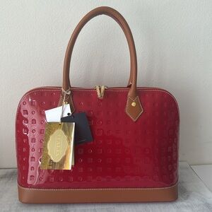 ARCADIA Made In Italy Patent Leather Dome Zip Zip Satchel W Vacchetta Det Red